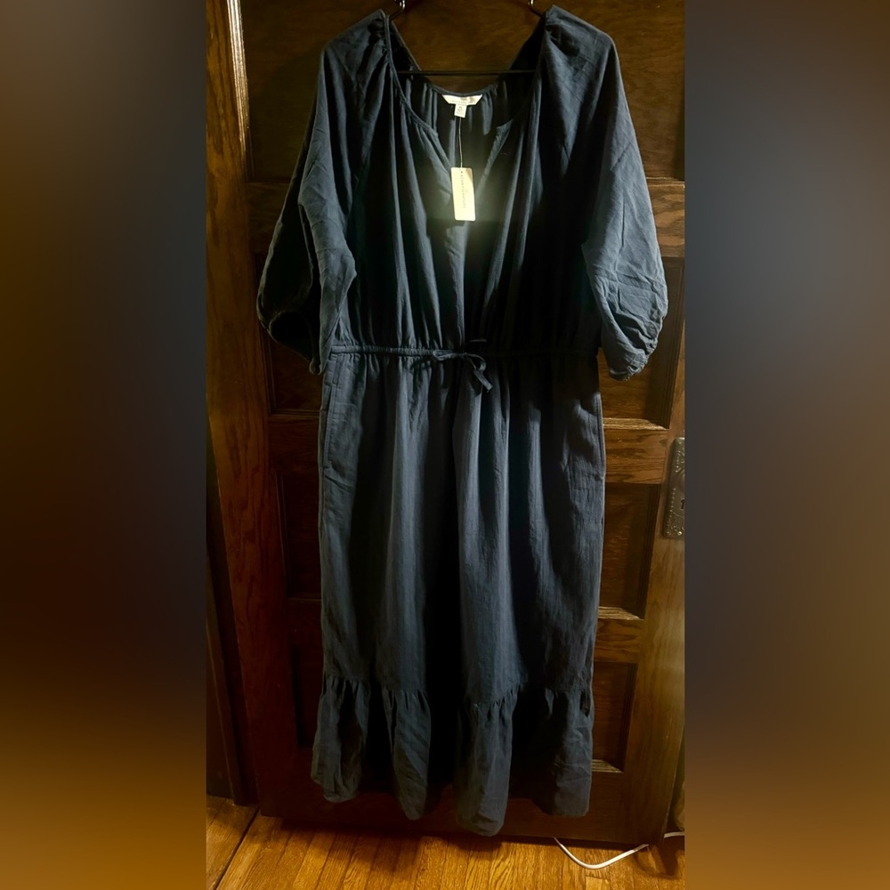 Bean Signature Navy V-Neck Drawstring Midi Dress, Size XL NWT